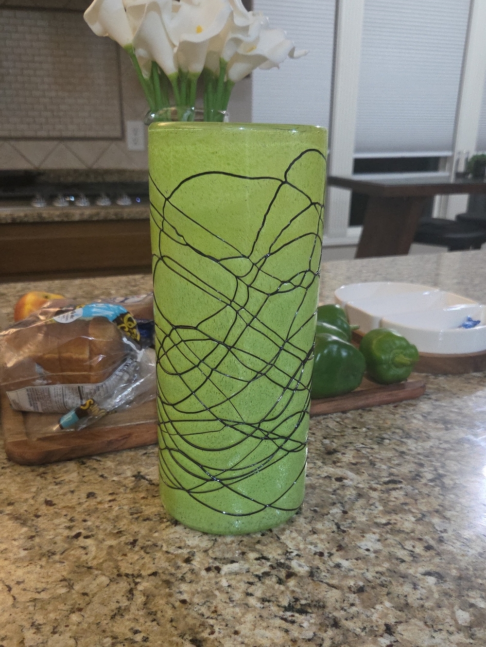 Green Decorative Glass Cylinder Vase with Black Swirl Design